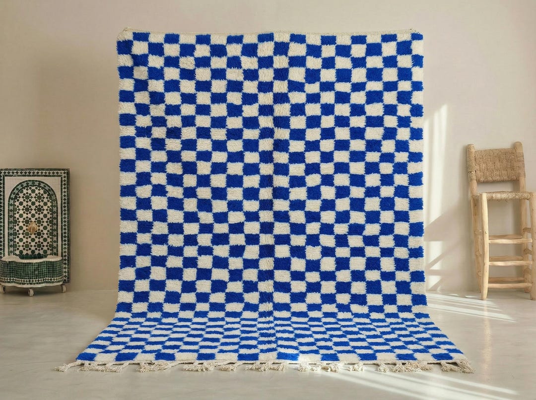 Blue and White Checkered Beni Ourain Rug - Handmade Moroccan Wool