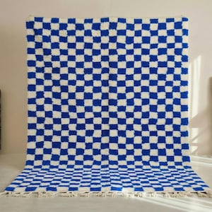 alfombra Beni Ourain de cuadros azul y blanco, alfombra marroquí de lana hecha a mano, alfombra bereber llamativa para sala de estar