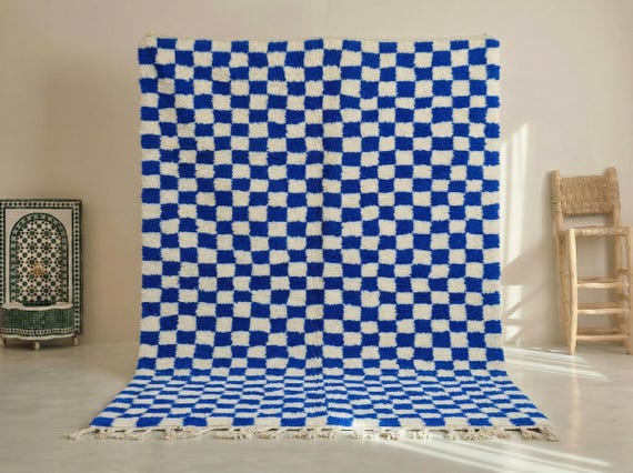 Blue and White Checkered Beni Ourain Rug - Handmade Moroccan Wool Rug - Bold Berber Area Rug for Living Room - Afrikesh