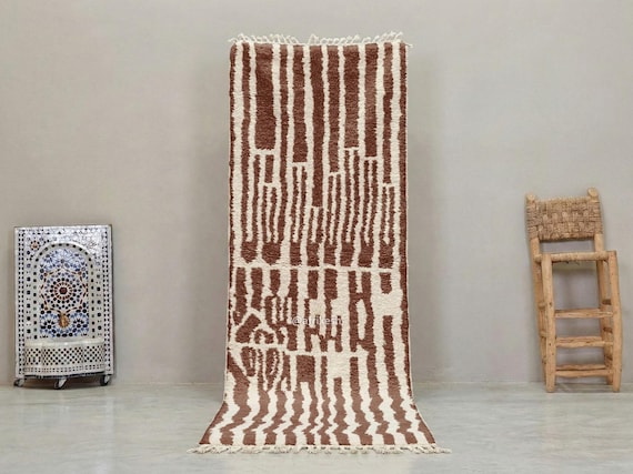 HANDMADE MOROCCAN RUG, Custom Wool Hallway Runner, Brown and White Striped Rug, Beni Ourain Runner, Minimalist Berber Carpet.