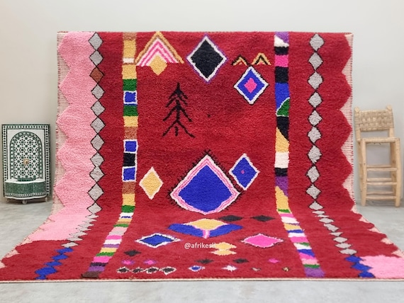 MOROCCAN FLOOR RUG, Traditional Handmade Berber Carpet, Custom Beni Ourain Rug, Multicolor Geometric Motifs Rug, Dark Red & Pink Wool Rug.