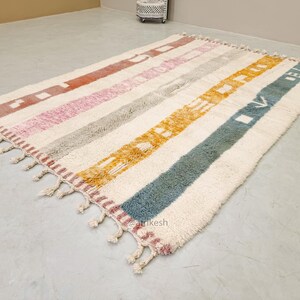 BERBER CARPET, Handmade Beni Ourain Rug, White Moroccan Rug, Custom Made Wool Rug, Striped Area Rug, Shaggy & Colored Floor Covering- Afrikesh Rug - Two Side Fringes.