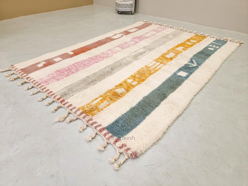 BERBER CARPET, Handmade Beni Ourain Rug, White Moroccan Rug, Custom Made Wool Rug, Striped Area Rug, Shaggy & Colored Floor Covering- Afrikesh Rug - Two Side Fringes.