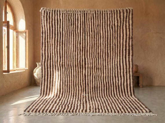 Chocolate Brown Striped Beni Ourain Rug - Handmade Moroccan High Pile Wool Rug - Berber Striped Area Rug for Living Room | Afrikesh