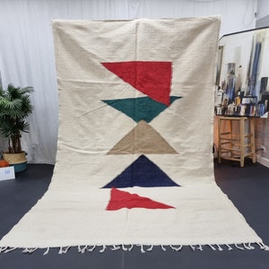 KILIM MOROCCAN RUG, Flatweave Berber Rug, Sheep Wool Rug, Ivory , Red and Green Rug, Abstract Rug, Area Rug, Custom Moroccan Rug, Area Rug
