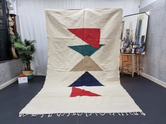 KILIM MOROCCAN RUG, Flatweave Berber Rug, Sheep Wool Rug, Ivory , Red and Green Rug, Abstract Rug, Area Rug, Custom Moroccan Rug, Area Rug