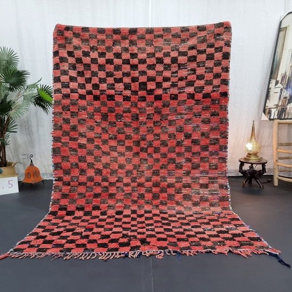 AMAZING MOROCCAN RUG, Checkered 5x7 Rug, Check Handmade Rug, Red and Black Rug, Vintage Beniourain Rug, Berber Rug, Wool Rug, Overdyed Rug