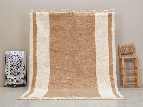 BEIGE STRIPED RUG, Beni Ourain Wool Rug, Moroccan Berber Carpet, Authentic Handmade Shaggy White-Toned Rug, Custom Neutral Living Room Decor