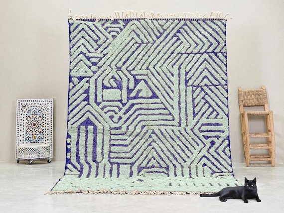 TUFTED WOOL RUG, Beni Ourain Moroccan Rug, Custom Size Floor Rug, Sage Green & Blue Dining Room Rug, Artistic Shag Area Rug.