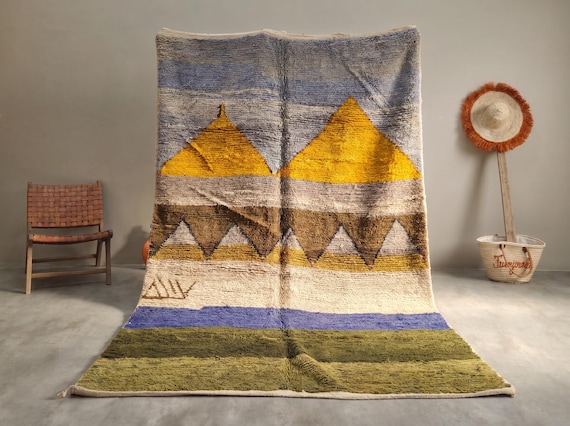 Mustard Yellow and Brown Mountain Boujaad Rug - 6x10ft Handmade Moroccan Wool Rug - Vintage One of a Kind Berber Rug for Home | Afrikesh