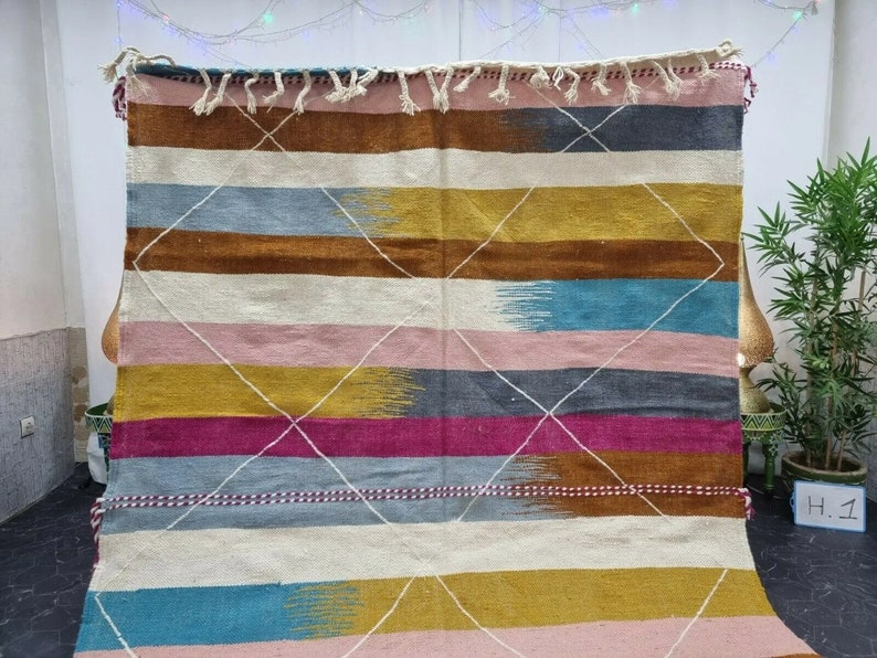TAPPETO KILIM UNICO, tappeto a tessitura piatta, tappeto tessuto Kilim, tappeto colorato, tappeto geometrico personalizzato, tappeto ad area, tappeto marocchino, tappeto in lana intrecciata a mano, tappeto Funky immagine 2