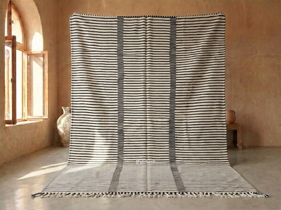 Hand-Woven Black and White Striped Kilim Rug, Moroccan Wool Flatweave, Boho Berber Area Rug