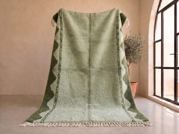 Sage Green Zigzag Border Beni Ourain Rug - Handmade Moroccan Wool Rug - Forest Green Berber Area Rug for Living Room | Afrikesh