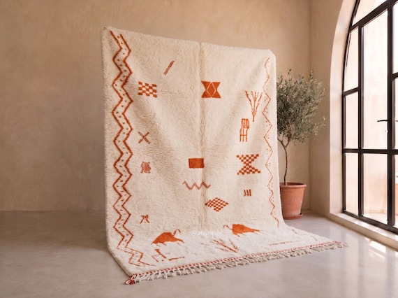 Bright Ivory & Orange Beni Ourain Rug - Handmade Moroccan Wool Rug - Tribal Diamond Berber Area Rug for Living Room | Afrikesh