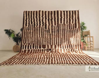 Brown and Cream Striped Beni Ourain Rug, Handmade Moroccan Wool Rug -  Organic modern Strip Berber Area Rug for Living Room - Afrikesh