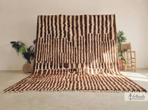 Handmade Moroccan Wool Rug - Brown and White Beni Ourain Rug -  Abstract Stripe Berber Area Rug for Living Room - Afrikesh