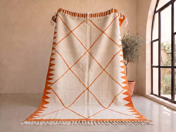 Burnt Orange Diamond Lattice Kilim Rug - Handmade Moroccan Wool Rug - Ivory Flatweave Zigzag Berber Rug for Living Room | Afrikesh