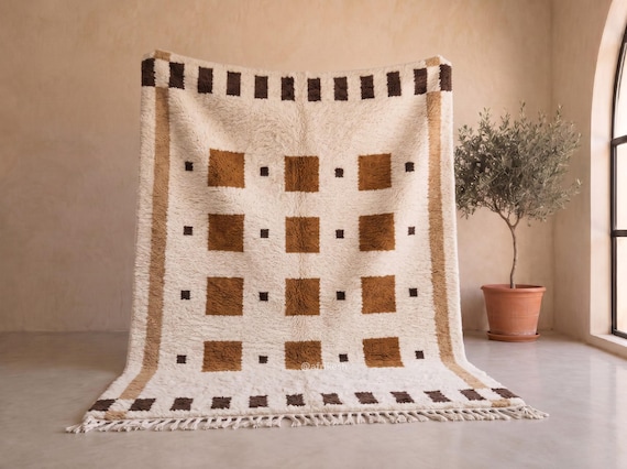 Cognac Brown Checkered Beni Ourain Rug - Handmade Moroccan Wool Rug - Ivory Berber Area Rug with Geometric Squares for Living Room |Afrikesh