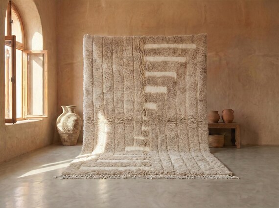 ARTISTIC MOROCCAN RUG, Beni Ourain Shag Rug, Rectangular Tufted Rug, Fluffy Beige Custom Rug, Wool Berber Carpet, Beni Area Rug.