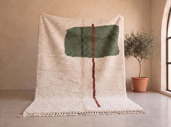 Deep Forest Green and Terracotta Beni Ourain Rug - Handmade Moroccan Wool Rug - Abstract Line Berber Area Rug for Living Room | Afrikesh