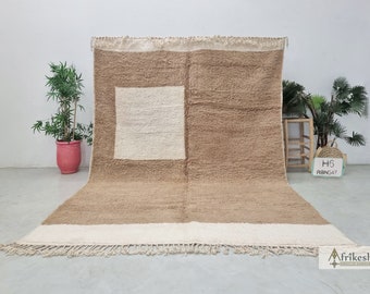 BENI OURAIN DESIGN 8x10, Pale Brown & White Moroccan Rug, Fluffy Geometric Area Rug, Handmade Beni Ourain Rug, Large Wool Living Room Rug.