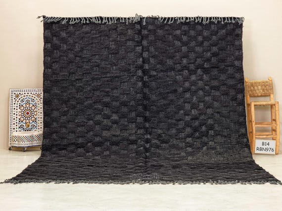 BLACK MOROCCAN RUG 9x11, Checkerboard Wool Rug, Large Beni Ourain Rug, Handcrafted Berber Carpet, Blush Area Rug, Artisan Made Floor Decor.