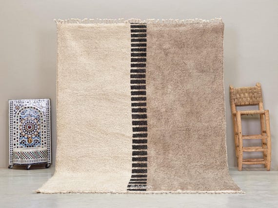 NEUTRAL MOROCCAN RUG, Geometric Beni Ourain Rug, Handmade Wool Carpet, Custom Made Area Rug, Taupe & White Berber Rug, Minimalist Interiors
