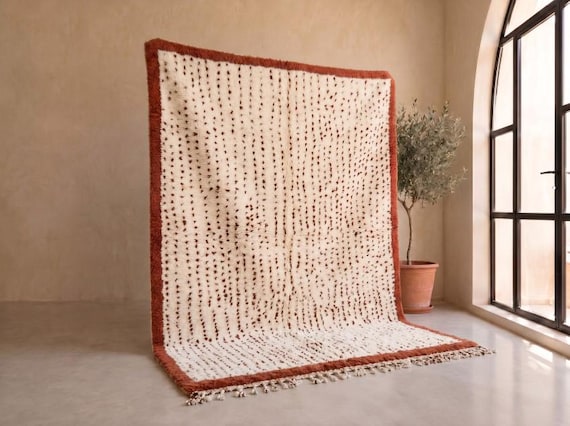 Terracotta Dot Beni Ourain Rug - Handmade Moroccan Wool Rug - Rust Border Berber Area Rug for Living Room | Afrikesh