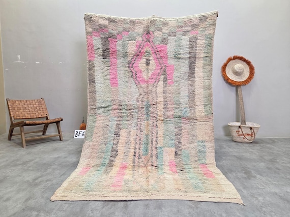 Faded Pastel Vintage Handmade Rug 5x8ft- Pink & Sage Green Moroccan Wool Rug - Diamond Medallion Berber Rug for Living Room | Afrikesh