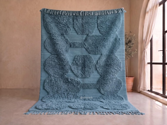 Smoke Blue Tufted Beni Ourain Rug - Handmade Moroccan Wool Rug - Flatweave Tonal Base Berber Area Rug for Living Room and Bedroom | Afrikesh