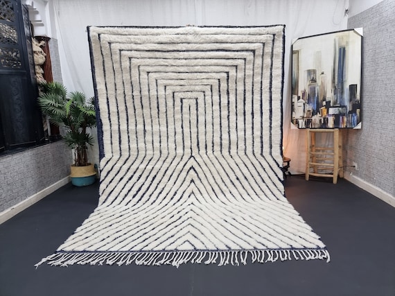SOFT MOROCCAN RUG, Beniourain Rug 6x9, White & Navy Blue Rug, Striped Rug, Handmade Rug, Wool Carpet, Handwoven Rug, Berber Rug, Tufted Rug