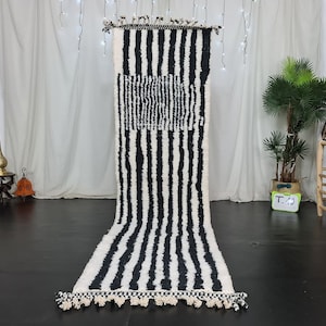 CUTE BENIOURAIN RUNNER , Handmade Checkered Runner Rug, Authentic Moroccan Rug, Striped Rug, Black and White Runner, Berber Rug, Black Rug