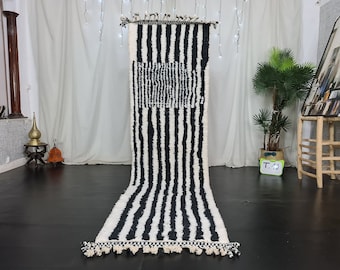 CUTE BENIOURAIN RUNNER , Handmade Checkered Runner Rug, Authentic Moroccan Rug, Striped Rug, Black and White Runner, Berber Rug, Black Rug