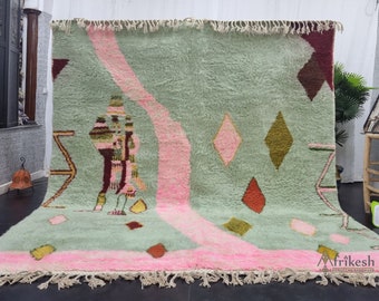 STUNNING BENIOURAIN RUG, Handmade Wool Rug, Moroccan Rug, Abstract Light Green And Pink Rug, Sheep Wool Rug, Handwoven Rug,Azilal Berber Rug