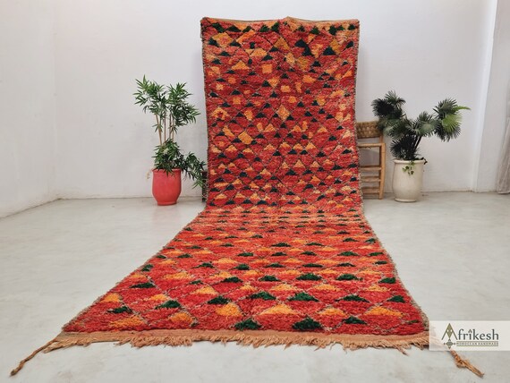 OLD MOROCCAN Wool RUG, Handmade Bohemian Carpet, Great Red & Orange Rug, Long Berber Beni M'Guild Rug 6x16, Vintage Diamond Area Rug.
