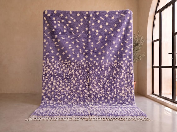 Purple and Ivory Dotted Beni Ourain Rug - Handmade Moroccan Wool Rug - Shaggy Berber Area Rug for Bedroom | Afrikesh