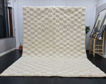 Hermosa alfombra Beni Ourain, alfombra marroquí a cuadros, alfombra de lana, alfombra de tablero de ajedrez hecha a mano, alfombra blanca sólida bereber, alfombra con mechones bereber marroquí