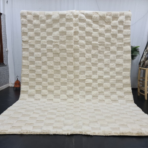 Gorgeous Beni Ourain Rug, Checkered Moroccan Rug, Wool Rug, Handmade Checkerboard Rug, Berber Solid White Rug, Moroccan Berber tufted Rug