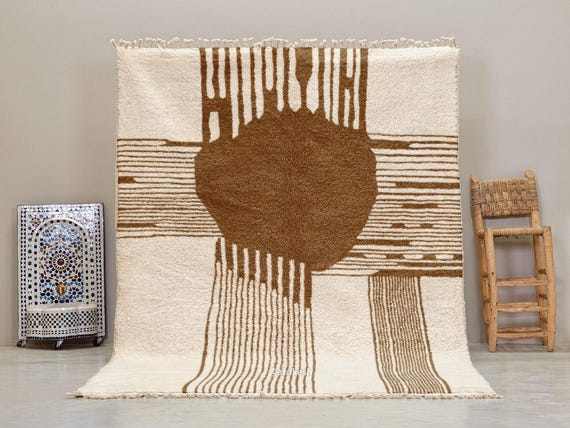 GORGEOUS WOOL RUG, Artisan-Crafted Moroccan Rug, Striped Beni Ourain Design, Brown & White Area Rug, Soft Handmade Berber Carpet.