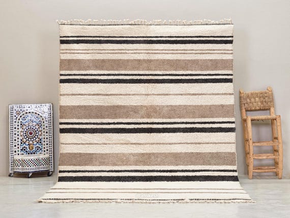 BENI OURAIN RUG, Fabulous Moroccan Rug, Beige & Black Wool Rug, Handwoven Berber Carpet, Striped Pattern Area Rug, Custom Design.