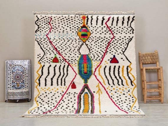 HANDMADE AZILAL RUG, Colorful Moroccan Area Rug, Artisan Made Berber Carpet, White Wool Shaggy Rug, One of a Kind Tribal Design.