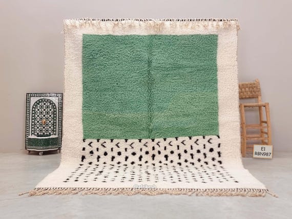 HANDWOVEN WOOL RUG 7x9, Authentic Beni Ourain Rug, Moroccan Living Room Rug, Green & White Berber Carpet, Dot Pattern Area Decor.