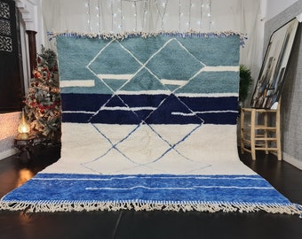CUSTOM BENIOURIAN RUG, Geometric Rug, Moroccan Handmade Rug, White And Blue Rug, Azilal Rug, Handmade Wool Carpet,Sheep Wool Rug, Berber Rug