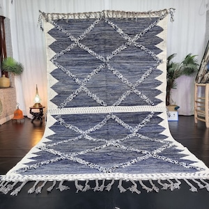 UNIQUE KILIM RUG, Moroccan Rug, Flatweave Rug, Custom Steel Blue and White Rug, Geometric Rug, Wool Rug, Berber Area Rug, Handmade Plain Rug