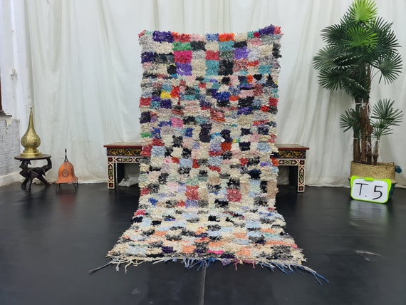 Vintage Checkered Rug, Handmade Moroccan Rug, Multicolored Bouchrouite Rug, Checkered Carpet, Berber Tribal Rug, Teppich marokko.