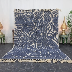 BLUE WOOL RUG, Beni Ourain Moroccan Rug, Custom Size Floor Rug, Tufted Dining Room Rug, Artistic Shag Area Rug.