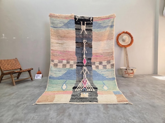 Sage Green & Blush Pink Boujaad Rug - Handmade Moroccan Wool Rug 5x8ft - Abstract Landscape Tribal Berber Area Rug for Living Room, Afrikesh