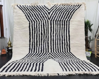 HERMOSA ALFOMBRA BENIOURAIN, Alfombra marroquí hecha a mano, Alfombra blanca y negra, Alfombra a rayas, Alfombra de lana hecha a mano, Alfombra bereber Azilal, Alfombra tejida a mano