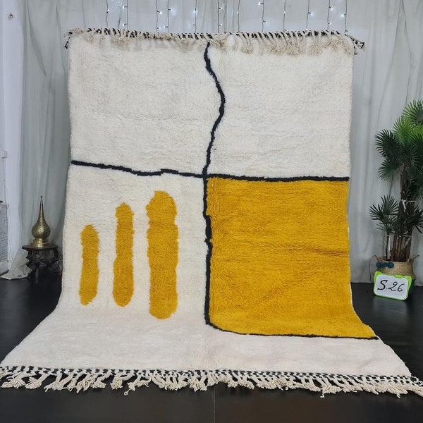 ARTISTIC BENIOURAIN RUG, Moroccan Handmade Rug, Turmeric Yellow And White Rug, Abstract Yellow Rug, Handmade Sheep Wool Carpet, Berber Rug.