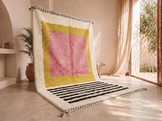 PINK RUG, Striped Beni Ourain Rug, Custom Moroccan Rug, Soft Wool Rug, Cute Berber Carpet, Handmade Beni Rug, Gorgeous Rug For Dining Room.